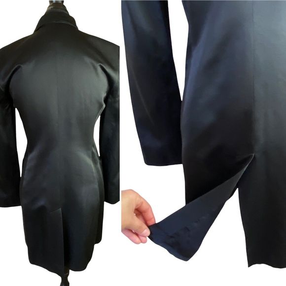 Vtg Tweeds Black Satin 5 Button Slit Long Sleeve Shoulder Pads Blazer Jacket 6 - Picture 7 of 14